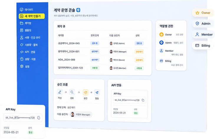 계약 목록, 역할별 권한, 승인 흐름과 API 키를 한 화면에서 관리하는 싸인딜 기업용 화면